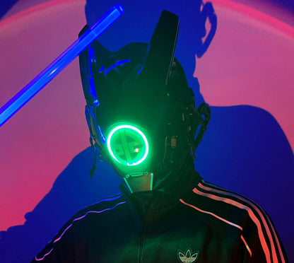 NEONX V8 Beetle Cyberpunk Mask - Dual Circular LEDs & Customizable Horns